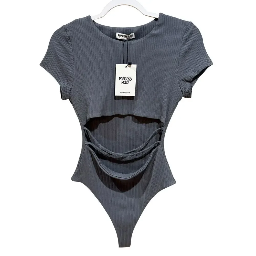 NWT PRINCESS POLLY Nicola Bodysuit Slate Gray Ribbed Criss Cross Thong Stretch 8 - Picture 4 of 16